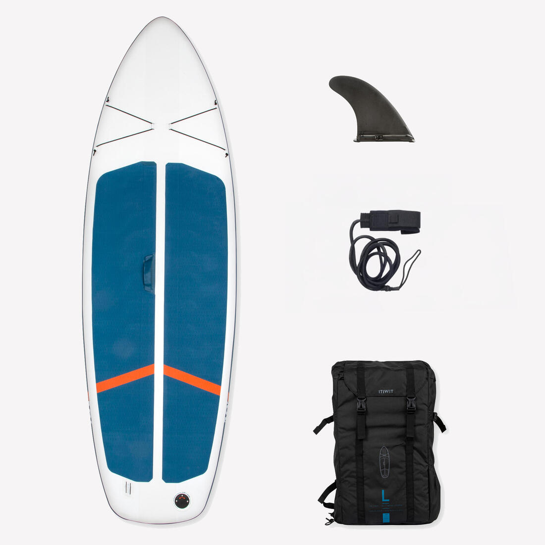 article en promo : Stand up paddle ultra compact et stable 10 pieds (130 kg max) blanc et bleu