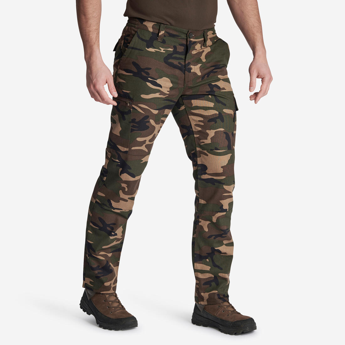 article en promo : Pantalon cargo resistant steppe 300 camouflage woodland