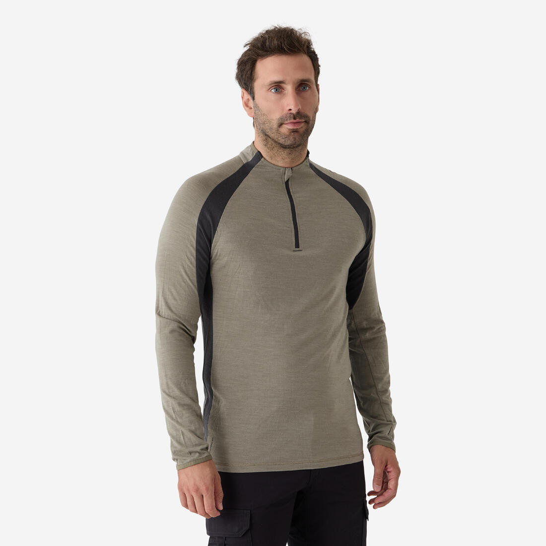 article en promo : T-shirt manches longues laine mérinos respirant et zippé homme - 900 vert clair