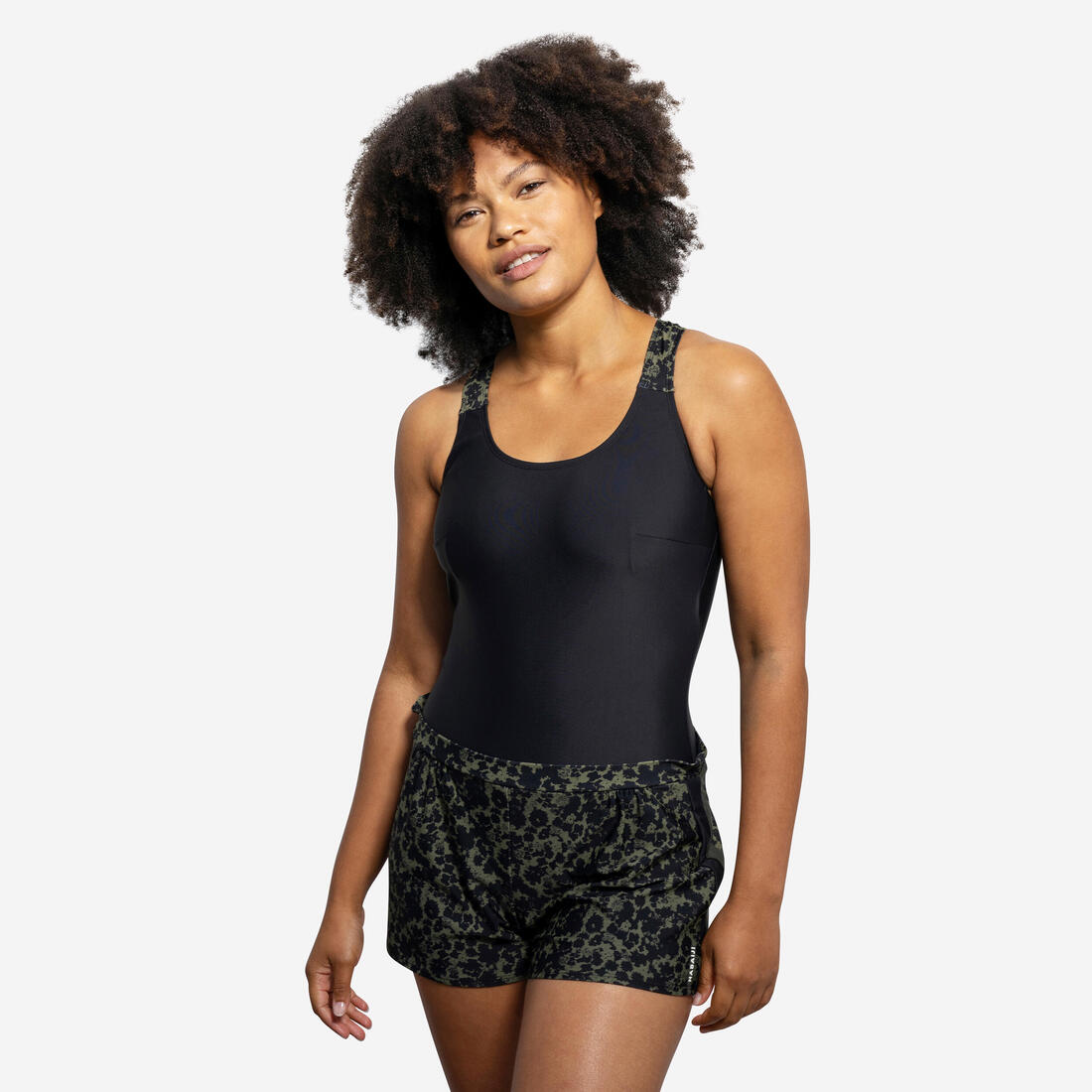 article en promo : Maillot de bain 1 pièce short loose aquafitness femme sofi lica noir kaki