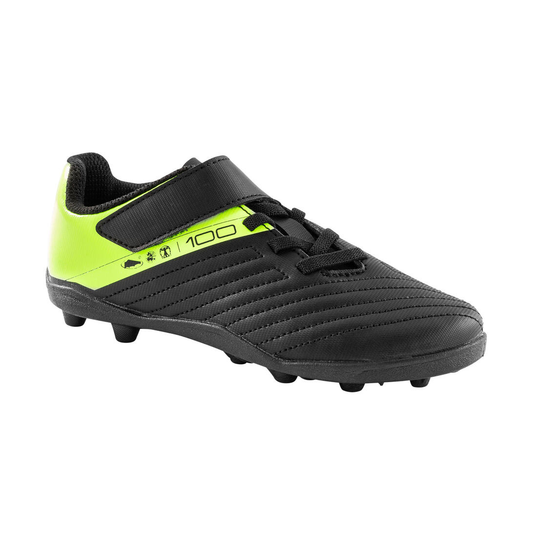 article en promo : Chaussures de football enfant a scratch 100 easy ag/fg noir et jaune
