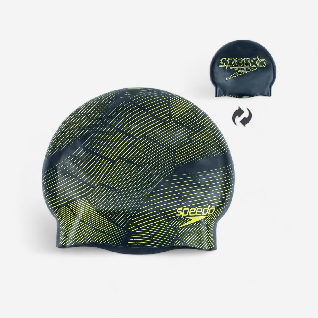 article en promo : Bonnet de bain silicone speedo drizzle noir jaune réversible