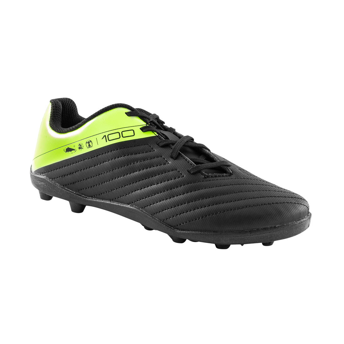 article en promo : Chaussures de football enfant à lacets 100 fg noir et jaune