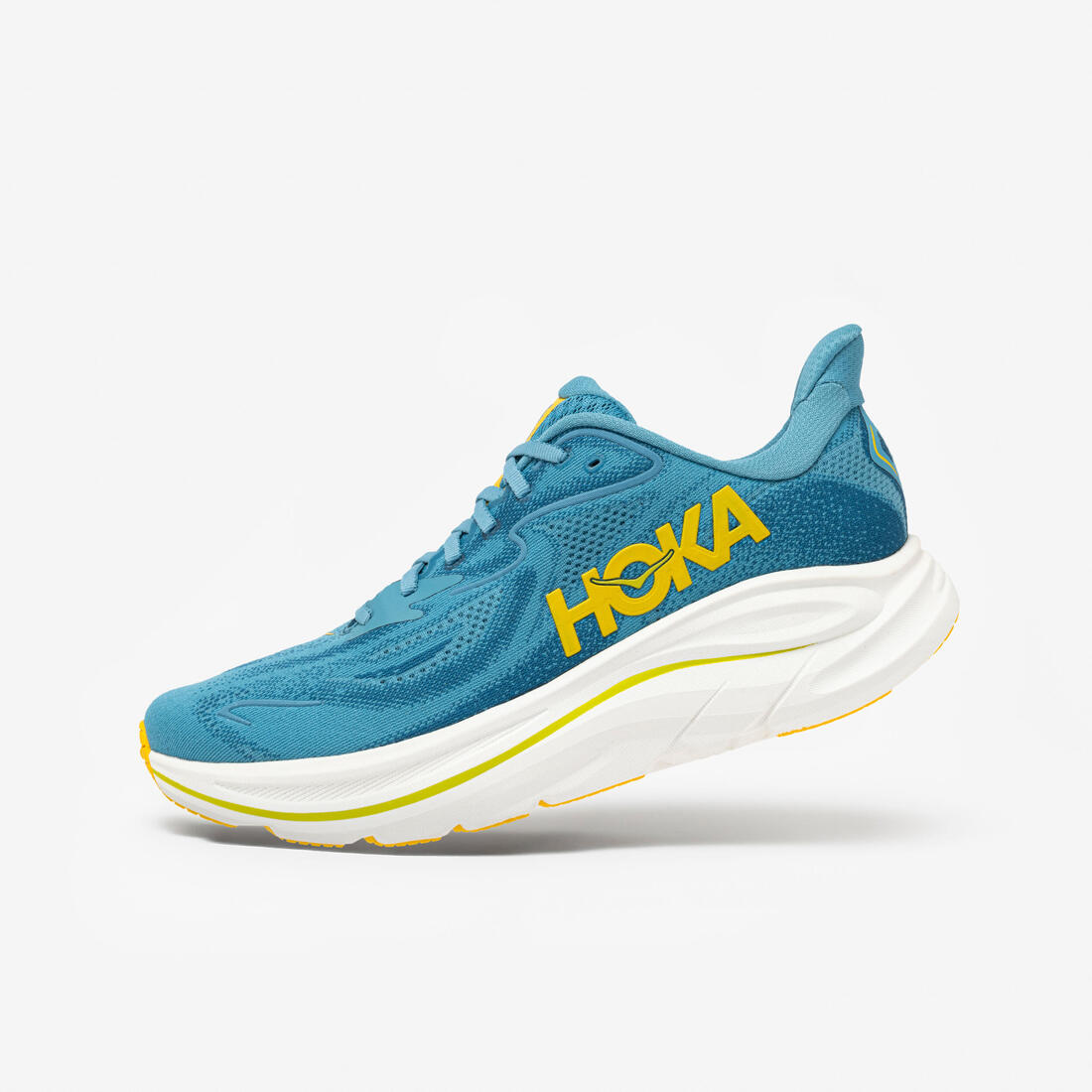 article en promo : Chaussures de running homme, hoka clifton 10 bleues et oranges