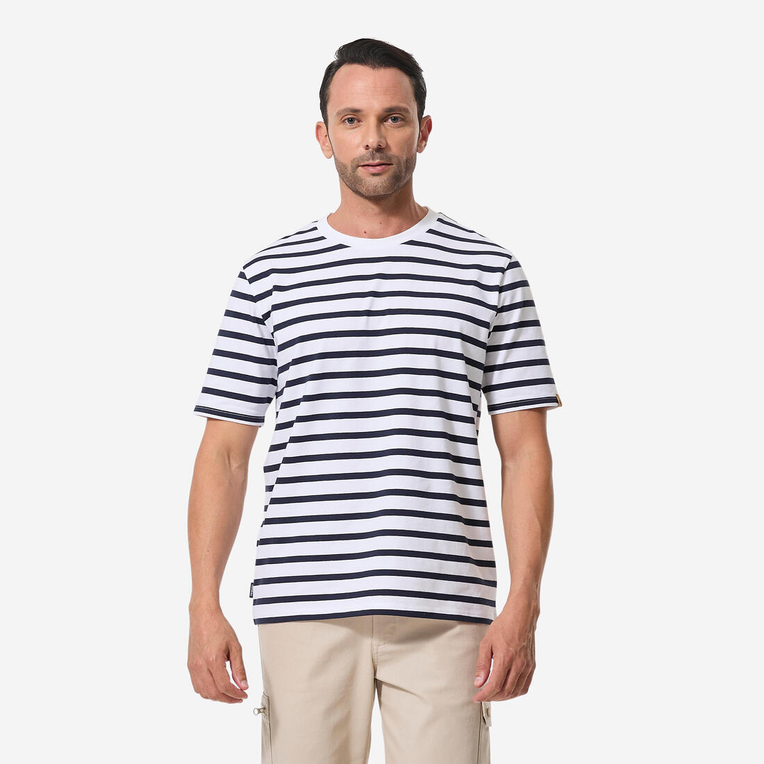 article en promo : T-shirt marinière voile homme, 100 blanc rayé