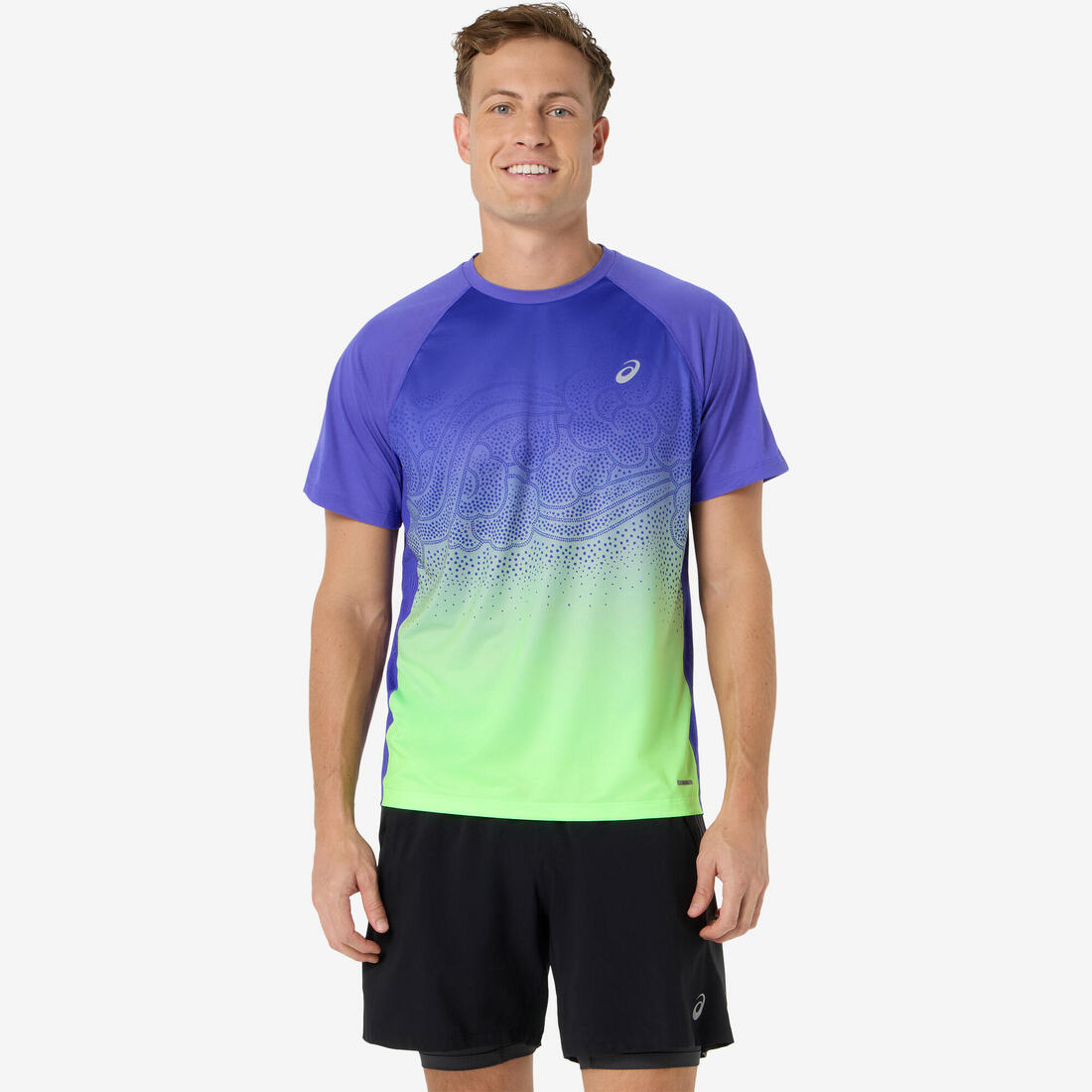 article en promo : Tee-shirt de running homme, asics fade vert et violet